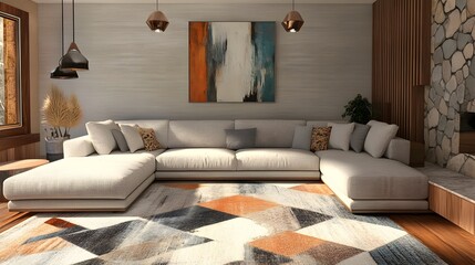 Cozy and inviting modern living room with a large comfortable sectional sofa minimalist stylish decor geometric rug