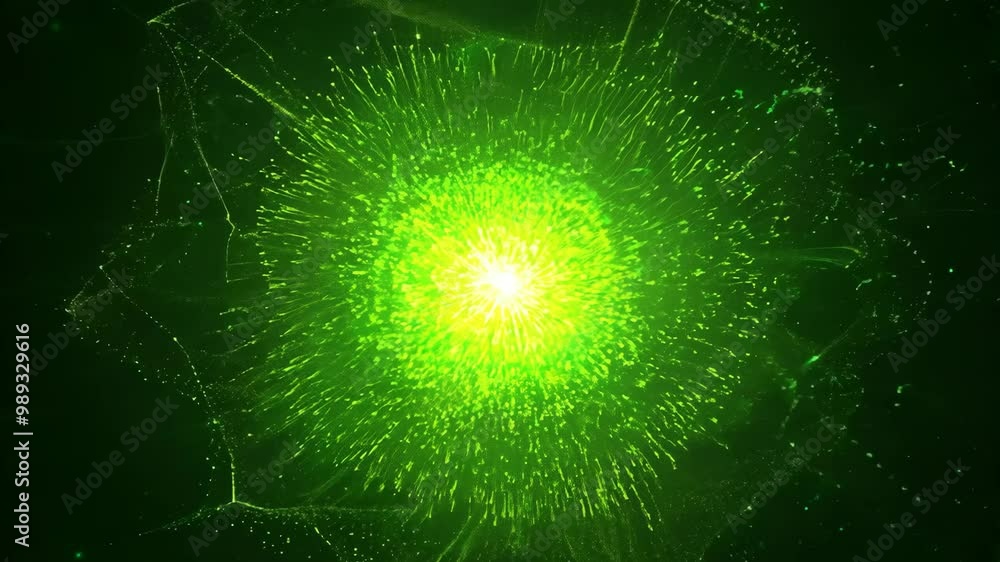 Poster green glowing particles exploding on a black background, with a green glow in the center of an explo