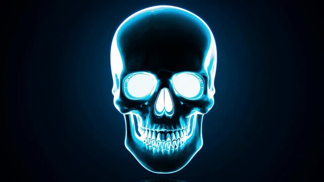 A skull with a blue glow on it. The skull is in the center of the image. The skull is surrounded by a dark background