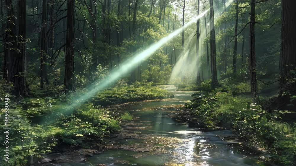 Poster exploring a serene forest stream with sunlight filtering through the trees in the morning