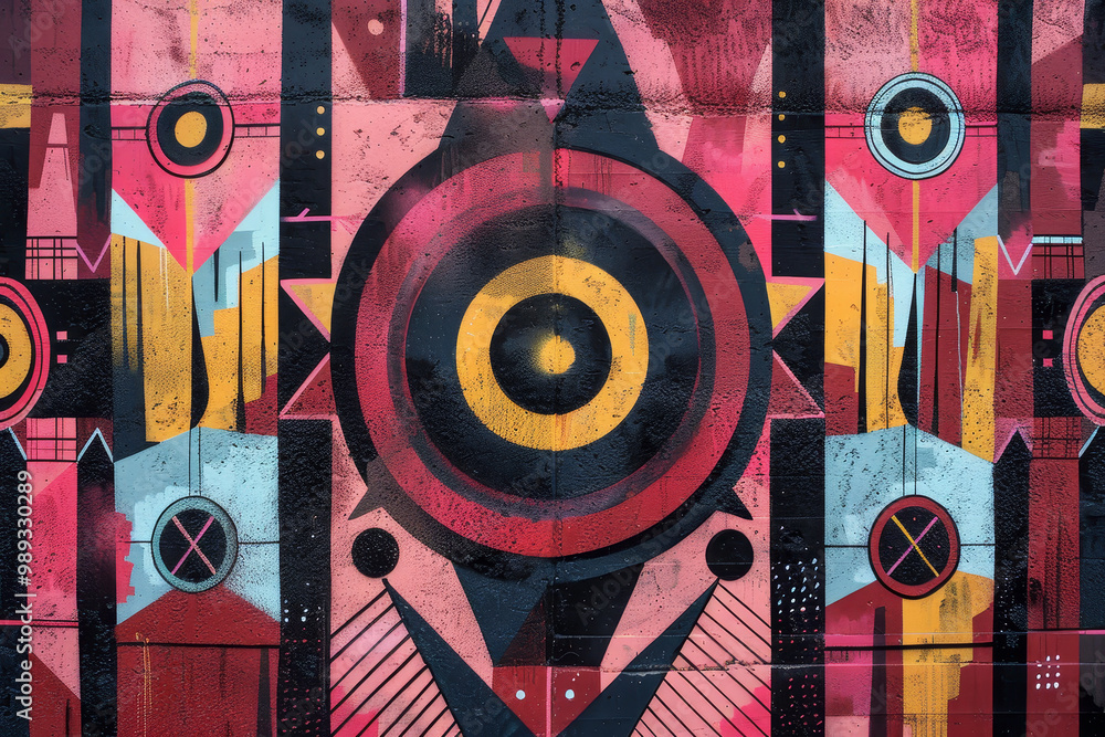 Poster a colorful abstract painting with a large red circle in the center