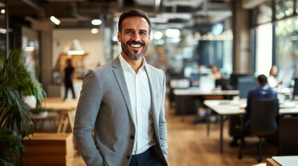 Fototapeta premium Happy businessman walking through a bustling office, interacting with employees and smiling as he oversees his successful business