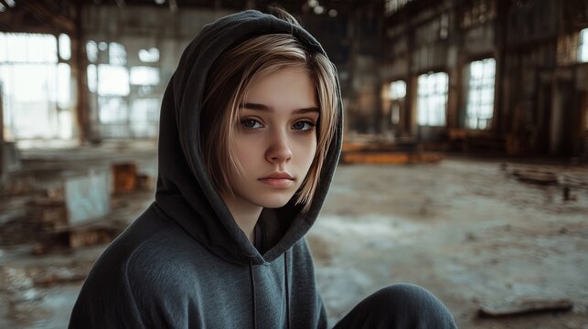 Girl poses in factory, short hair, hoodie