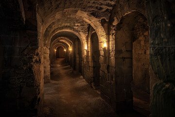 A dark, narrow tunnel with a stone wall on either side
