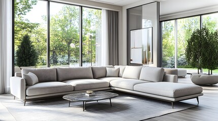 Sophisticated and stylish contemporary living area featuring a plush L shaped sectional sofa elegant color accents mid century modern design visual fidelity