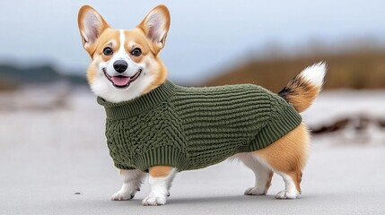 A cheerful corgi in a cozy oversized sweater joyfully poses on the beach under a bright sky, capturing hearts with its adorable smile