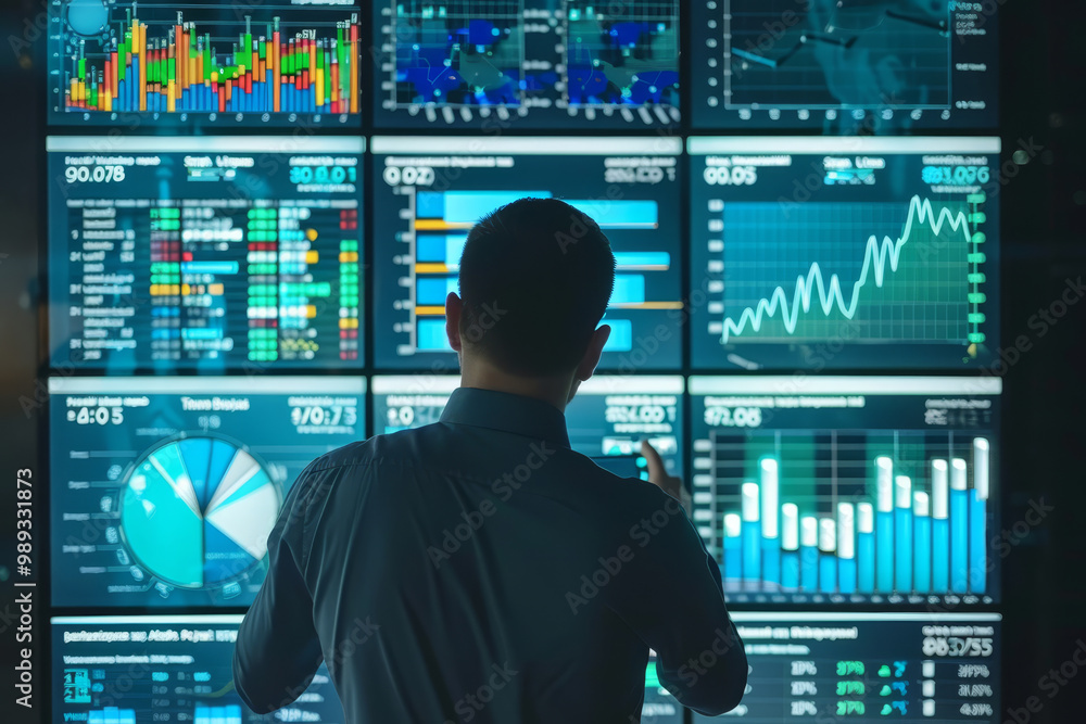 Poster a man is looking at a computer screen with many graphs and charts