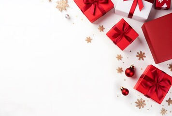 Red Christmas Gifts Flat Lay on White Background