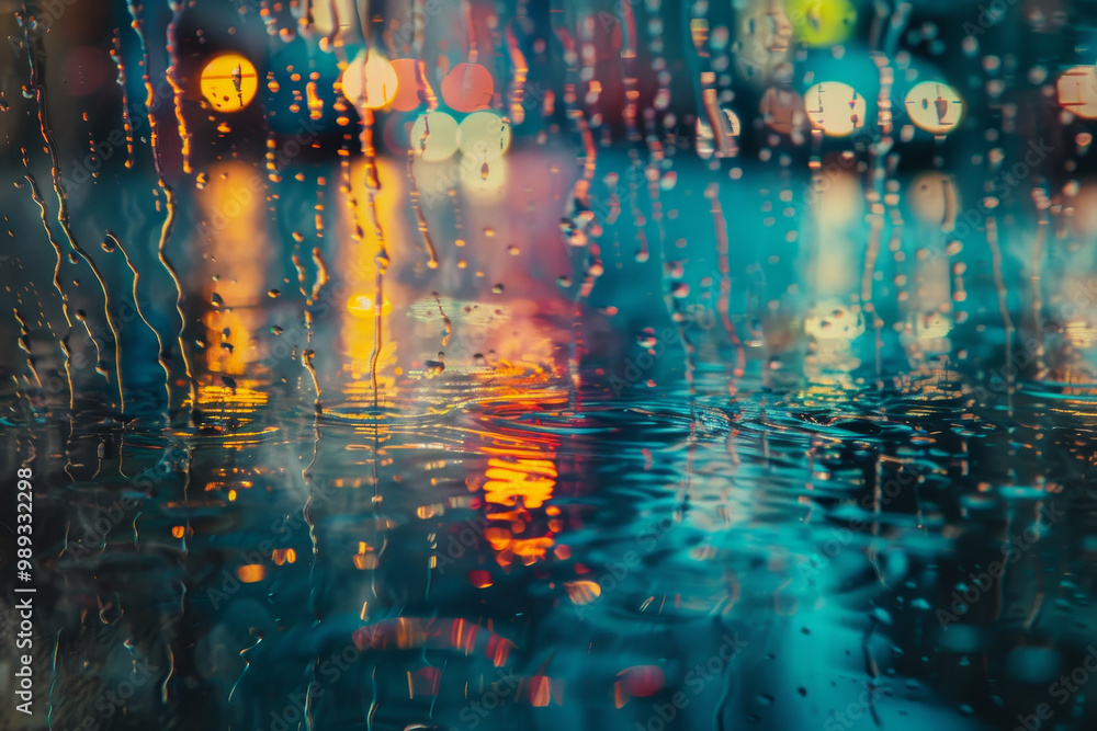 Poster a blurry image of raindrops on a window with a cityscape in the background