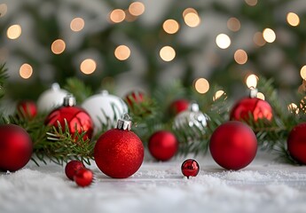 Obraz premium Red Christmas Ornaments on White Table with Bokeh Lights