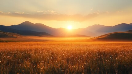 Fototapeta premium Golden sunset over a grassy meadow in a mountainous landscape.