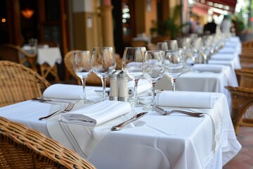 A table is set for a romantic dinner outside on a patio.