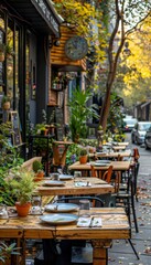 A charming outdoor cafe with wooden tables and chairs set amongst lush greenery, inviting patrons to relax and enjoy the ambiance.