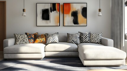 Bright and airy modern living room interior with plush sectional sofa minimalist abstract wall art and an overall cozy yet sophisticated atmosphere