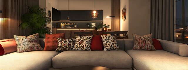 Sophisticated and stylish contemporary lounge with an oversized L shaped couch patterned throw pillows mid century modern furnishings