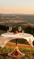 Fototapeta premium A romantic dinner setting with two glasses of wine on a table with a view of rolling hills.