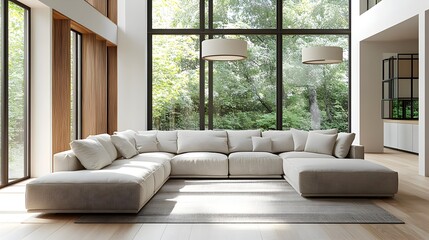 Cozy and Inviting Modern Living Room with Large Comfortable Sectional Sofa Minimalist Stylish Decor and Natural Light Streaming Through Large Windows  Clean Lines Neutral Tones