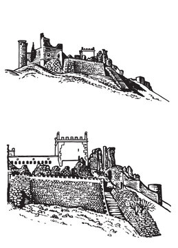 ruined castle on hill, black and white clip art preview