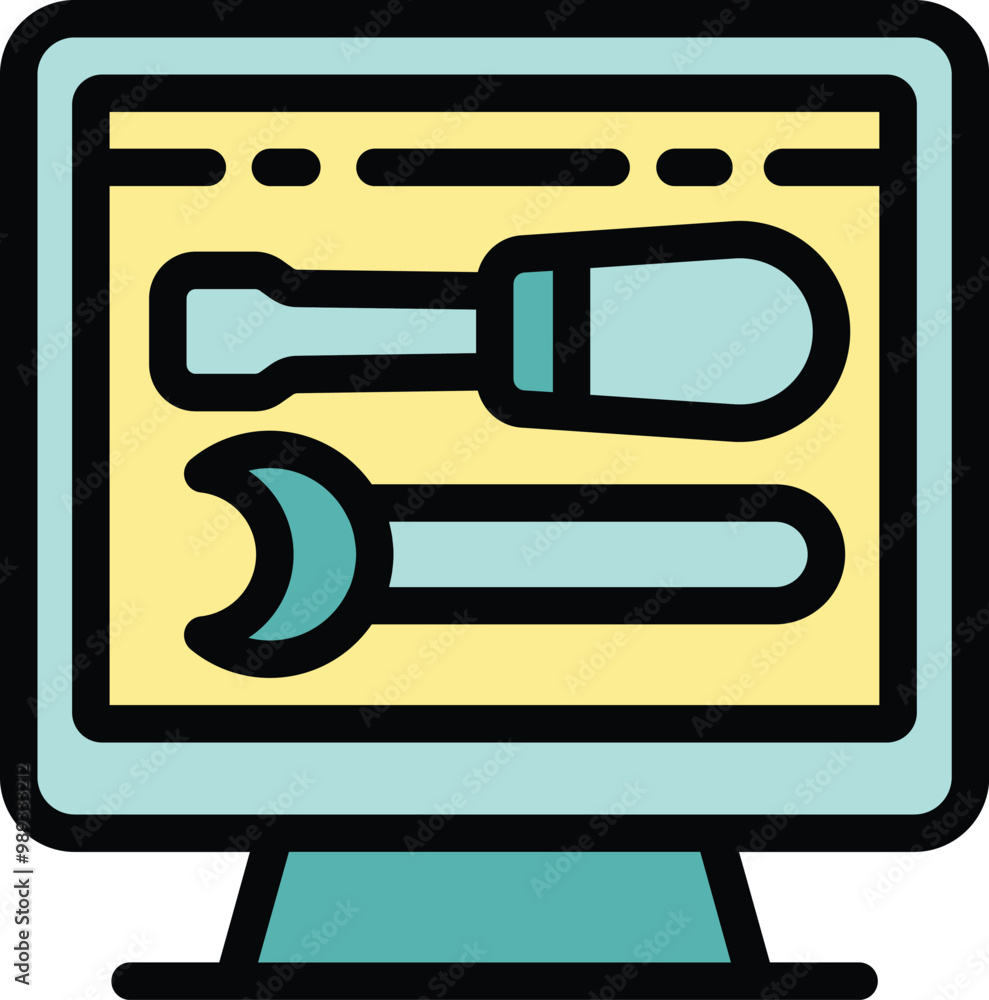 Poster computer screen displaying wrench and screwdriver, symbolizing online technical assistance and remot