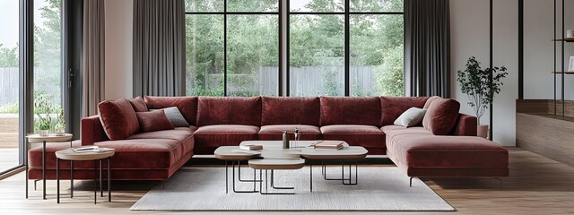 Cozy and inviting modern living room featuring a spacious L shaped sectional sofa in a color velvet fabric sleek mid century modern coffee table and side tables