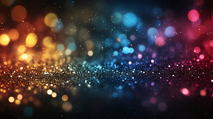 Fototapeta premium Abstract bokeh background with rainbow gold glow particles on a dark backdrop, featuring vibrant and colorful lights with copy space, perfect for festive and celebratory themes.