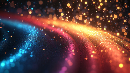 Fototapeta premium Abstract bokeh background with rainbow gold glow particles on a dark backdrop, featuring vibrant and colorful lights with copy space, perfect for festive and celebratory themes.