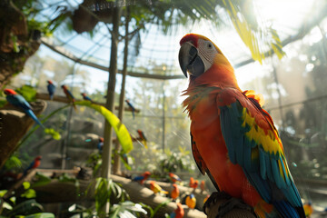 Obraz premium Vibrant parrot sitting in a tropical outdoor aviary