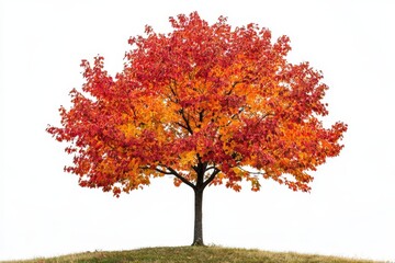 A large tree with red leaves stands alone on a hill, generative ai image