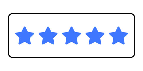 White rectangular card with five blue stars in a horizontal row. Ideal for quality ratings, user reviews, customer feedback, excellent service, and product evaluations. Flat simple style