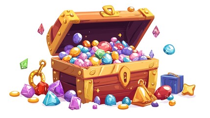 Glittering Gemstone Treasure Chest - Kids' Magical Vector Illustration in Flat Design with Colorful Jewels, Cutout Sticker for Fun Clipart Projects
