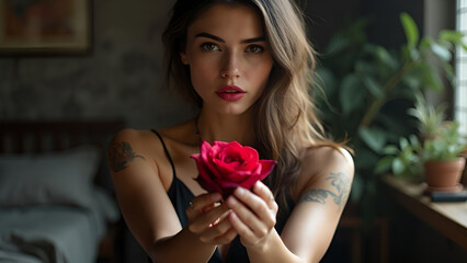 a beautiful girl has in her hand a mazzo di rose nere