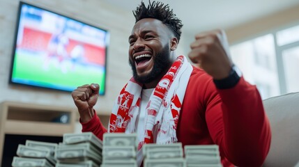 Excited Man Celebrating a Big Win with Cash Prizes in a Modern Living Room Setting