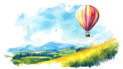 Naklejka premium Whimsical Hot Air Balloon Journeying Through Dreamy Landscape - Watercolor Clipart Graphic Design on White Background with Margins