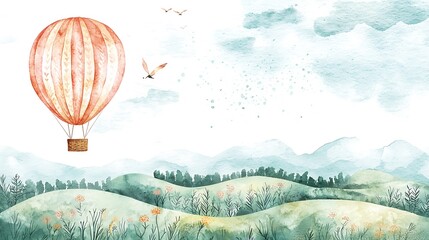 Obraz premium Whimsical Hot Air Balloon Adventure in Dreamy Landscape Watercolor Clipart Design on White Background
