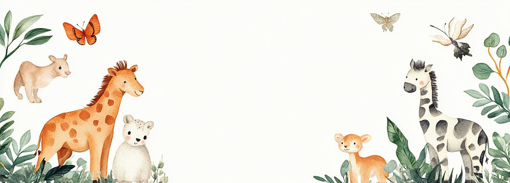 Charming birthday invitation adorned with delightful watercolor zoo animals set against a plain backdrop