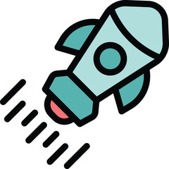 Cartoon rocket ship blasting off and leaving a trail of smoke, a fun and playful illustration perfect for projects related to space exploration, technology, and startups