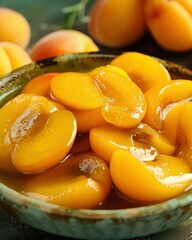 Fresh peaches sliced in syrup served in a ceramic bowl on a rustic table background with soft lighting The vibrant yellow and orange colors create a lively, inviting setting