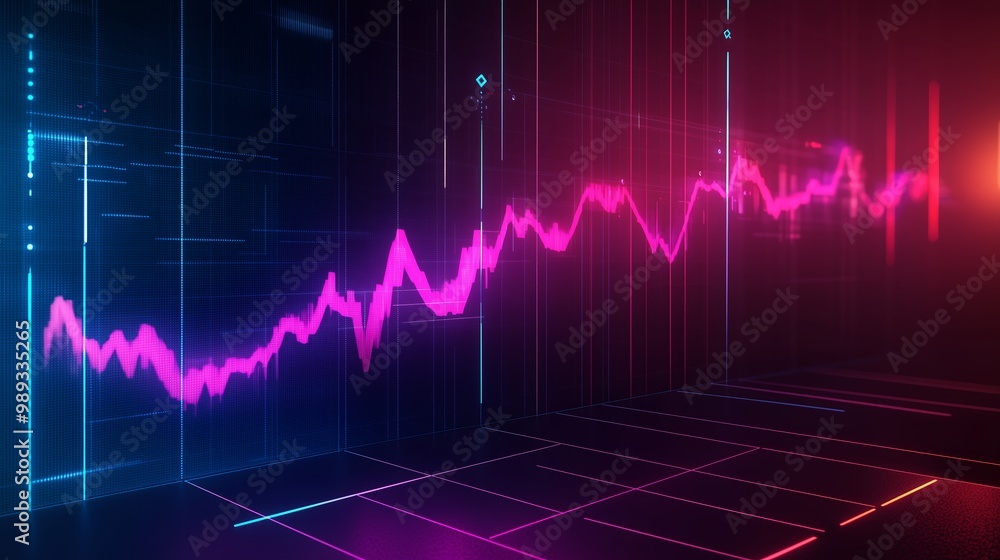Poster colorful digital graph showing fluctuating trends in data analysis during a night setting with vibra