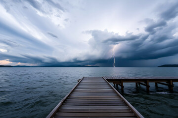 Obraz premium wooden pier in the sea with lightning in a gray sky