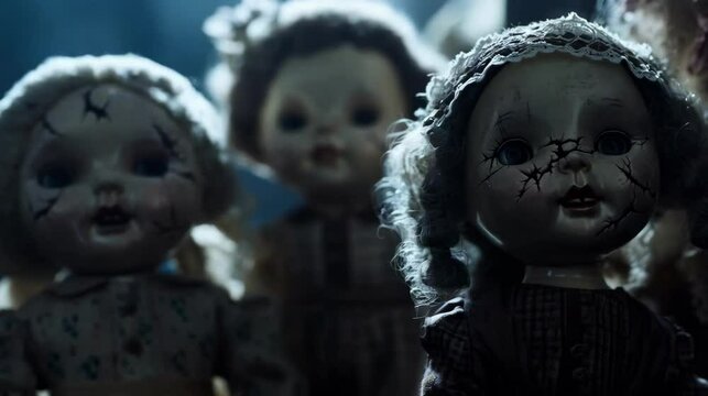 close-up cracked porcelain dolls with haunting expressions creepy and spooky Halloween horror, haunted toys nursery