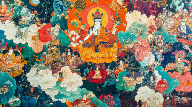 A sacred Tibetan thangka painting, depicting deities and religious scenes with intricate detail and vibrant colors