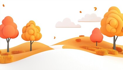 Colorful autumn landscape with vibrant trees and rolling hills in various orange shades.