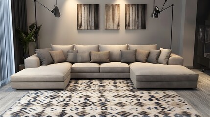 Cozy and inviting modern living room interior with plush beige sofa comfortable throw pillows and neutral toned decor elements  Hardwood flooring sconce lighting