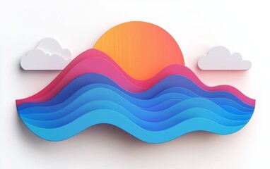 Colorful paper cut-out scene featuring a sun rising over layered waves with clouds in a vibrant design.