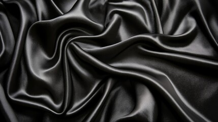 Fototapeta premium A close-up view of smooth black silk fabric, beautifully arranged in soft folds, capturing its shiny, luxurious texture, creating a sense of elegance, refinement, and sophistication