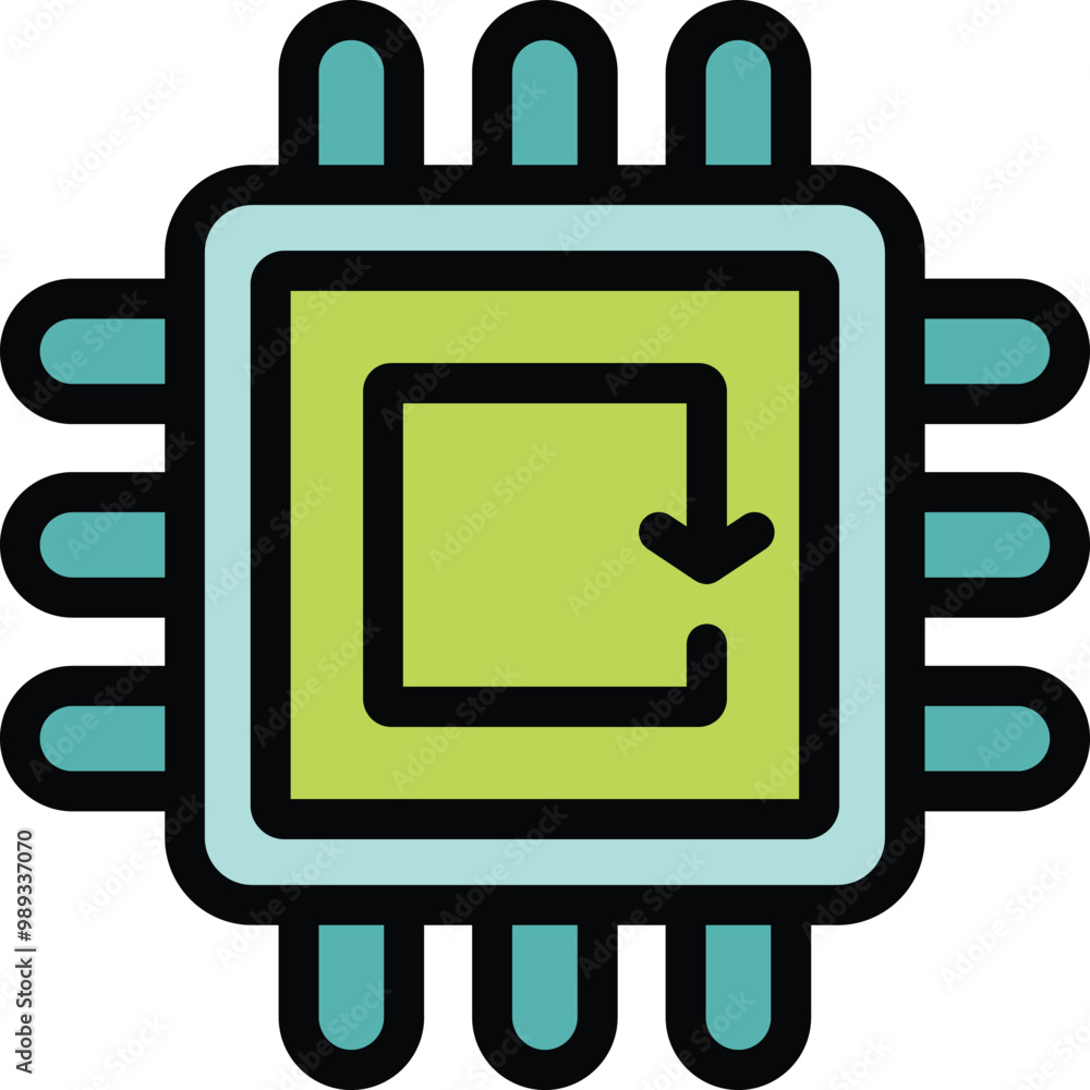 Poster microchip is installing update, downloading or uploading data with arrow symbol
