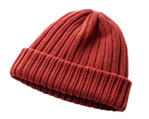 Red ribbed knit wool beanie hat featuring a foldable brim. Made for warmth and style during colder seasons. Isolated on transparent background, png.