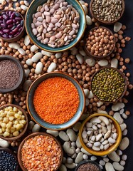 Fototapeta premium Various colorful legumes top view. Raw uncooked healthy vegan or vegetarian protein 