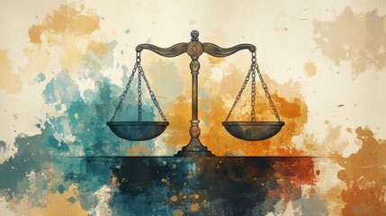 Artistic depiction of balance scales on abstract watercolor background symbolizing justice and equality
