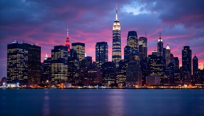 Obraz premium Stunning Twilight NYC Skyline Skyscrapers, Purple Sky, and City Lights Reflecting in Water